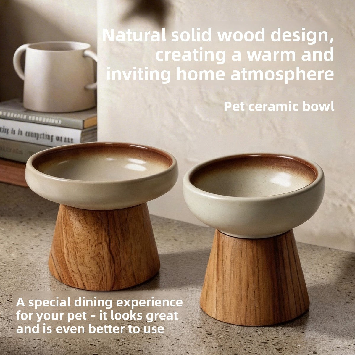 Ceramic Cat Bowl with Wooden Stand