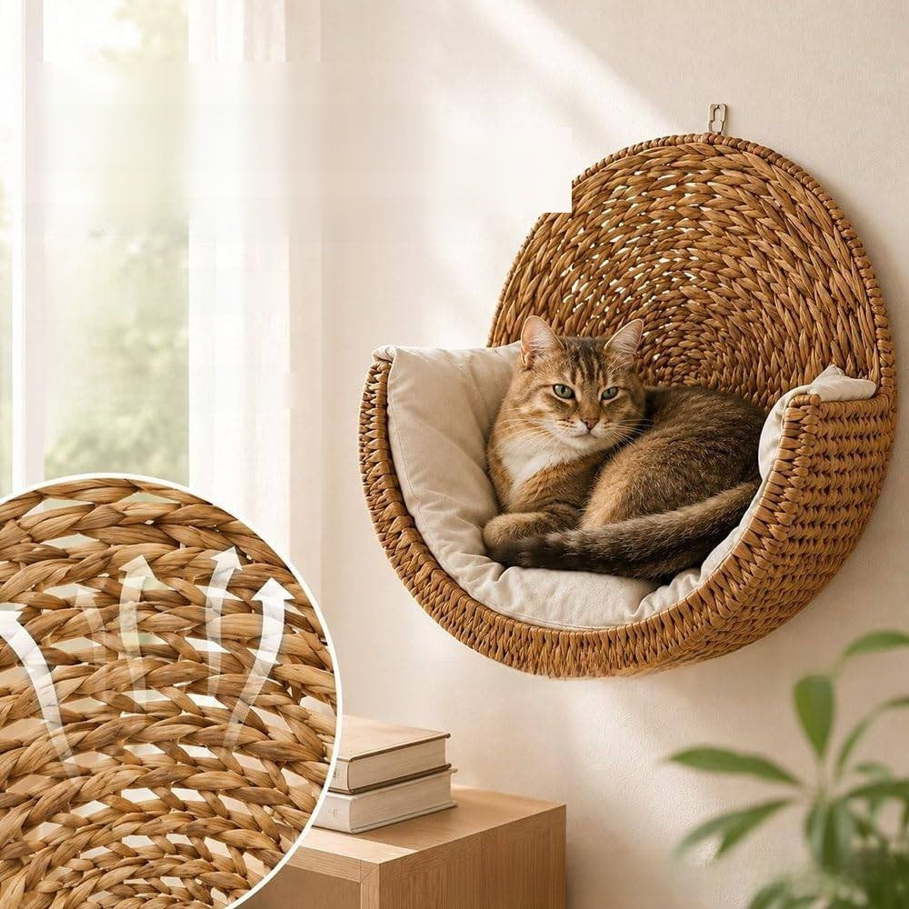 Hand-woven padded hanging cat bed