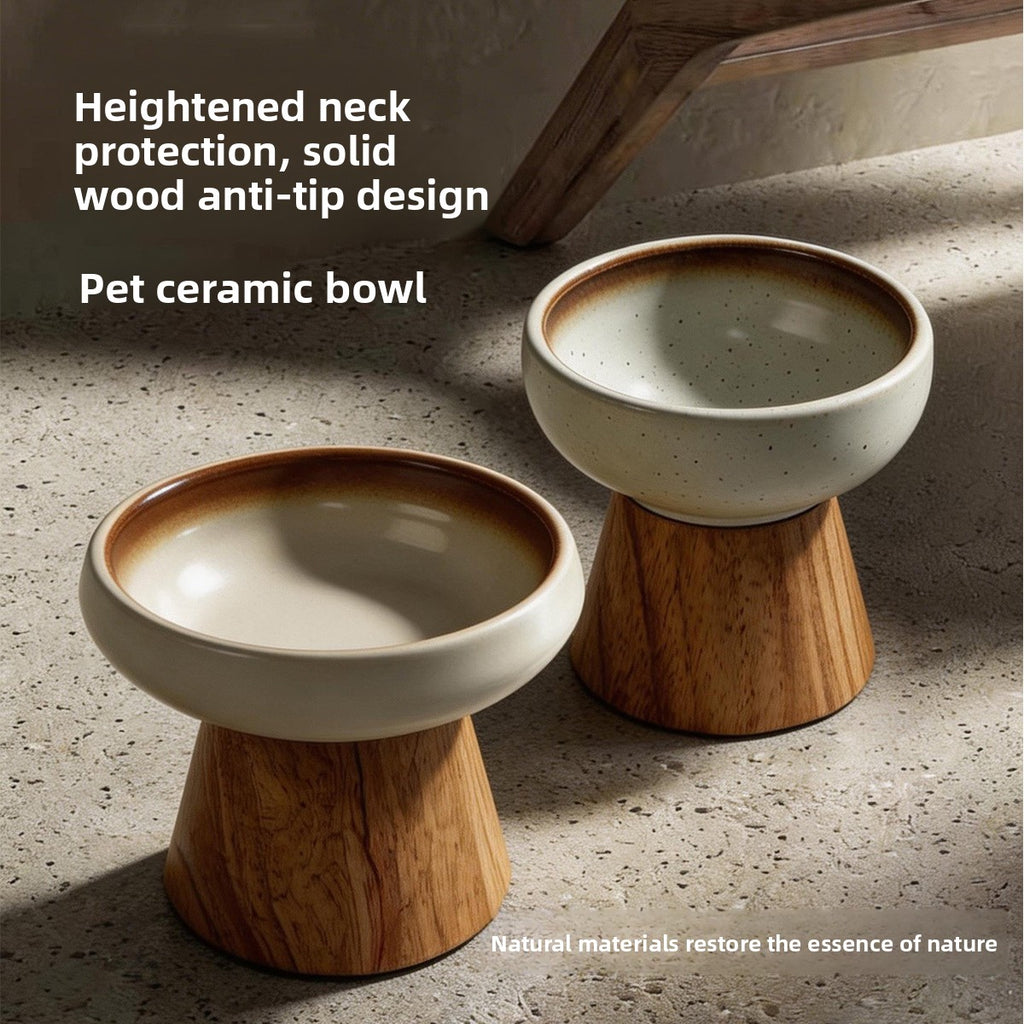 Ceramic Cat Bowl with Wooden Stand