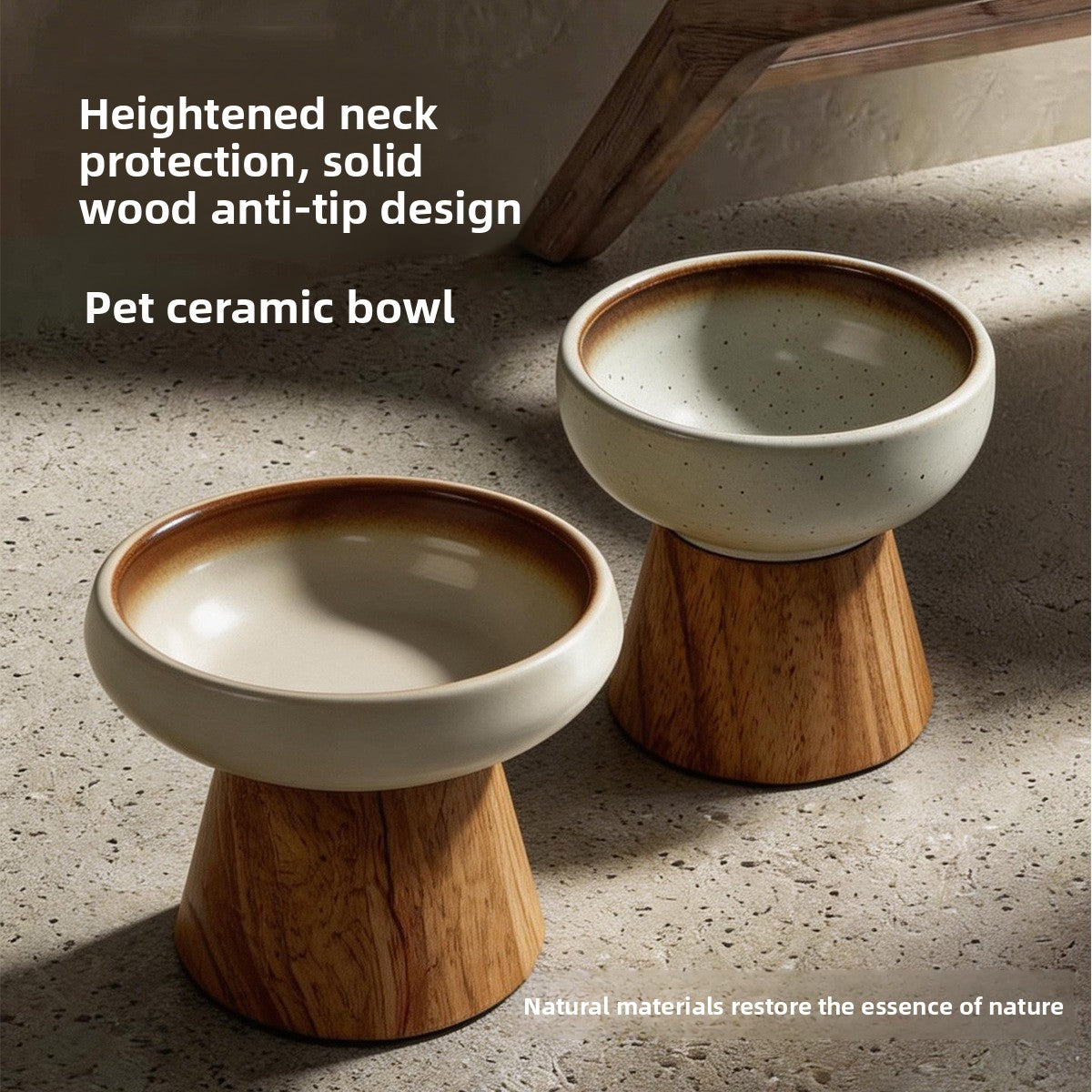 Ceramic Cat Bowl with Wooden Stand