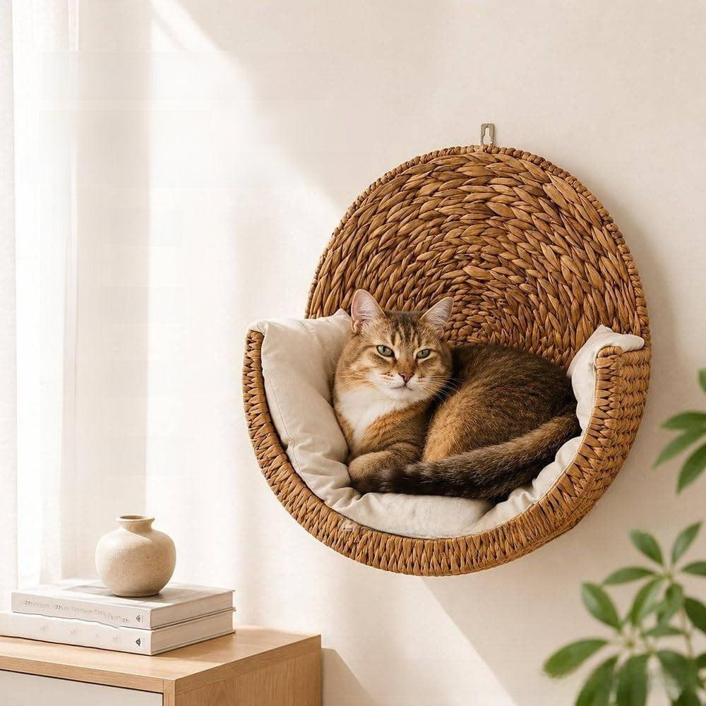 Hand-woven padded hanging cat bed