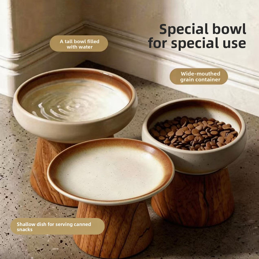 Ceramic Cat Bowl with Wooden Stand